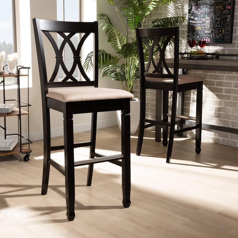 Calista Modern and Contemporary Fabric Upholstered and Brown Finished Wood 2-Piece Bar Stool Set