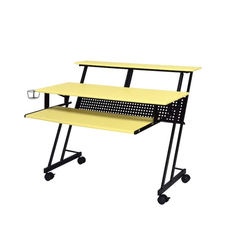 Wood Computer Desk with Black Metal Frame, Shelves and Casters