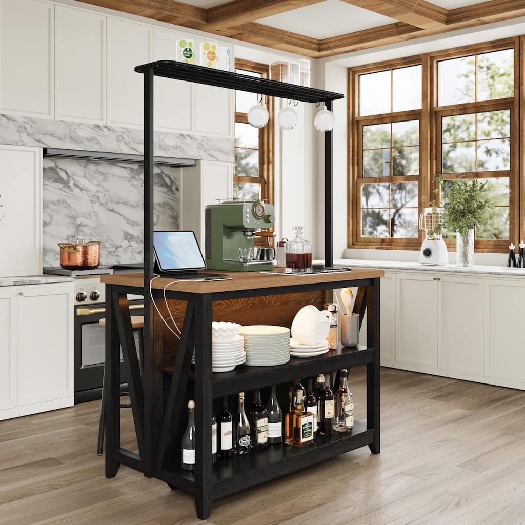 Kitchen Island with Power Outlet & LED Lights, Bakers Rack with Storage, Large Kitchen Island Table with 3 Tier