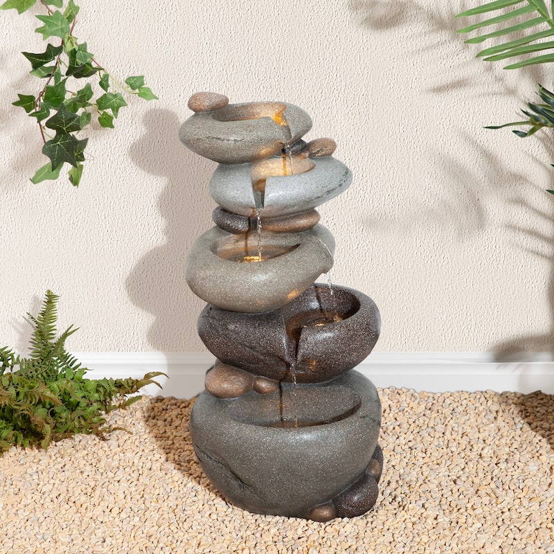 Glitzhome 24.5"H 5-Tiered Zen Style Stacked Pebbles Polyresin Outdoor Fountain with Pump and LED Light