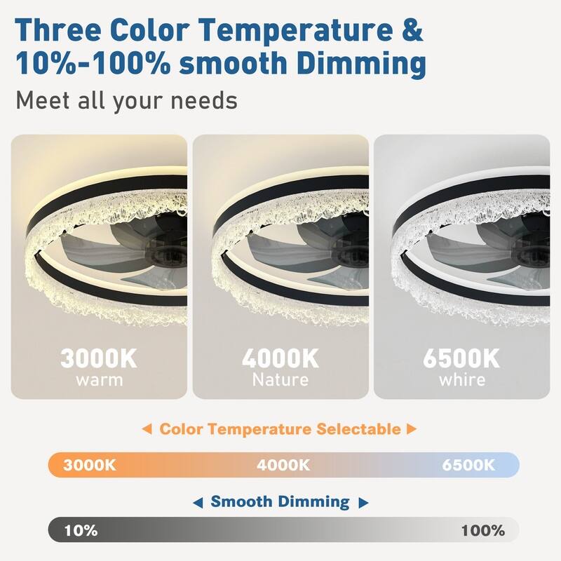 Smart Silent LED Ceiling Fan with Light Crystal Flush Mount, Hidden Blades