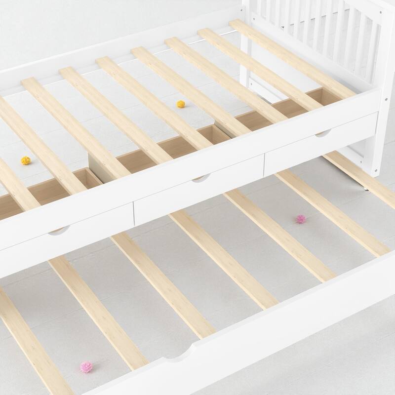 Twin Solid Wood Platform Bed with Drawers and Trundle, Space-Saving Daybed Frame with Storage, No Box Spring Needed