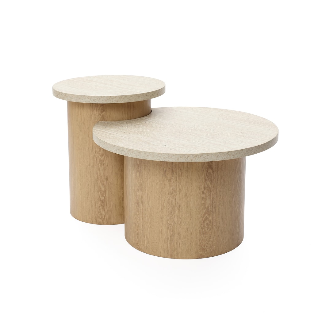 Set of Two Nesting Tables, MDF Wood, Wood Grain Base & Faux Travertine Top