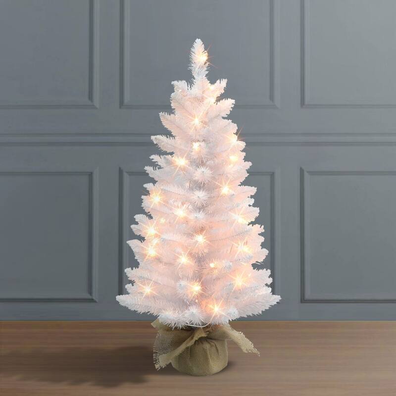 Pre-lit Artificial White Pine Christmas Tree in Burlap Base - 3’ - Clear Light - 3 Foot
