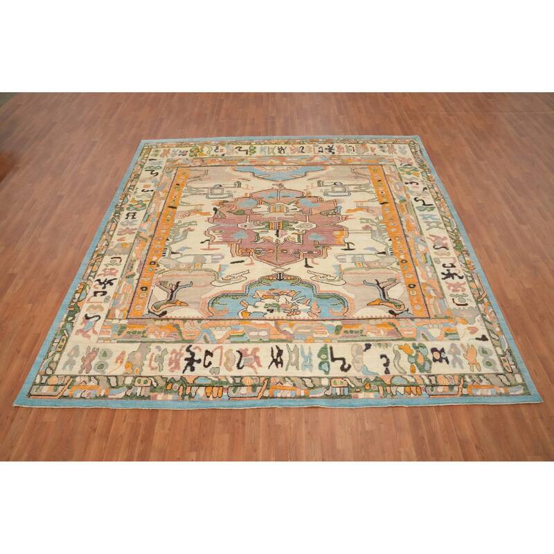 Hand Knotted Oriental 100% Wool Carpet Transitional Geometric Beige & Ivories Oushak Area Rug - 9' 11'' X 10' 1''