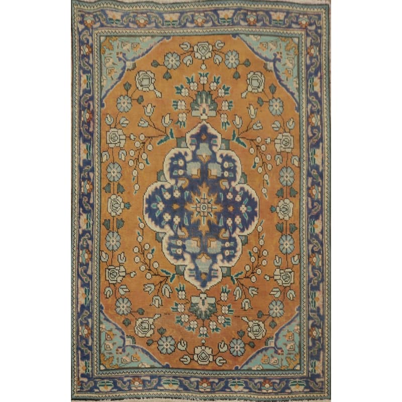 Hand Knotted Oriental 100% Wool Carpet Traditional Floral Oranges & Rust Tabriz Area Rug - 4' 4'' X 3' 1''