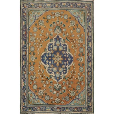 Hand Knotted Oriental 100% Wool Carpet Traditional Floral Oranges & Rust Tabriz Area Rug - 4' 4'' X 3' 1''