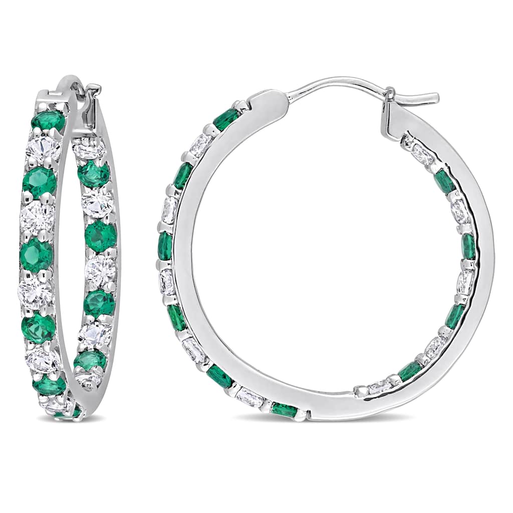 Miadora Created Emerald and Created White Sapphire Inside Outside Hoop Earrings in Sterling Silver