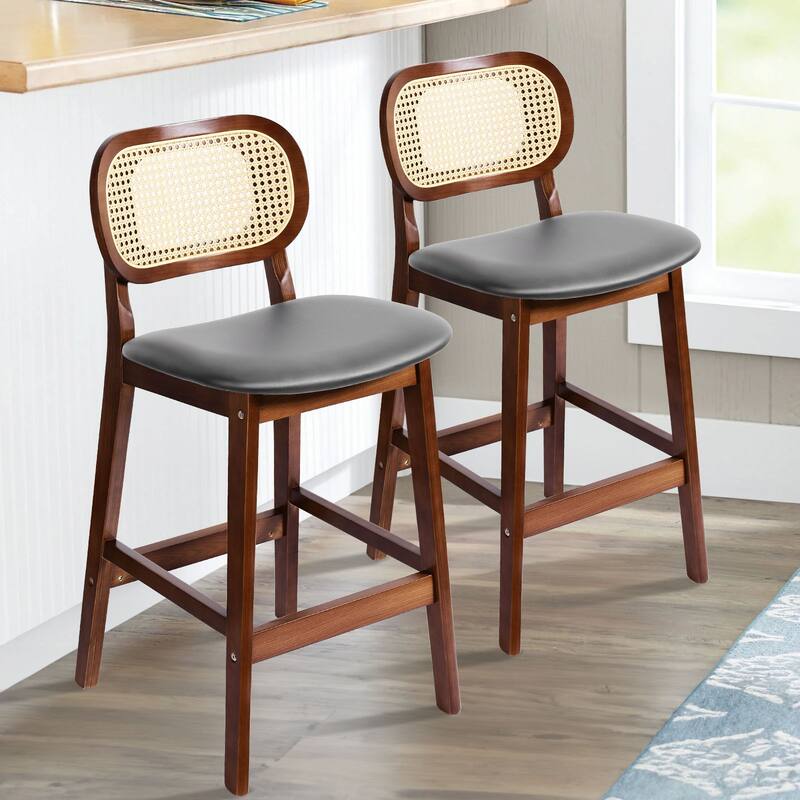 Wood Upholstered Counter Height Bar Stools with Rattan Back - 36.81"H x 17.72"W x 18.7"D