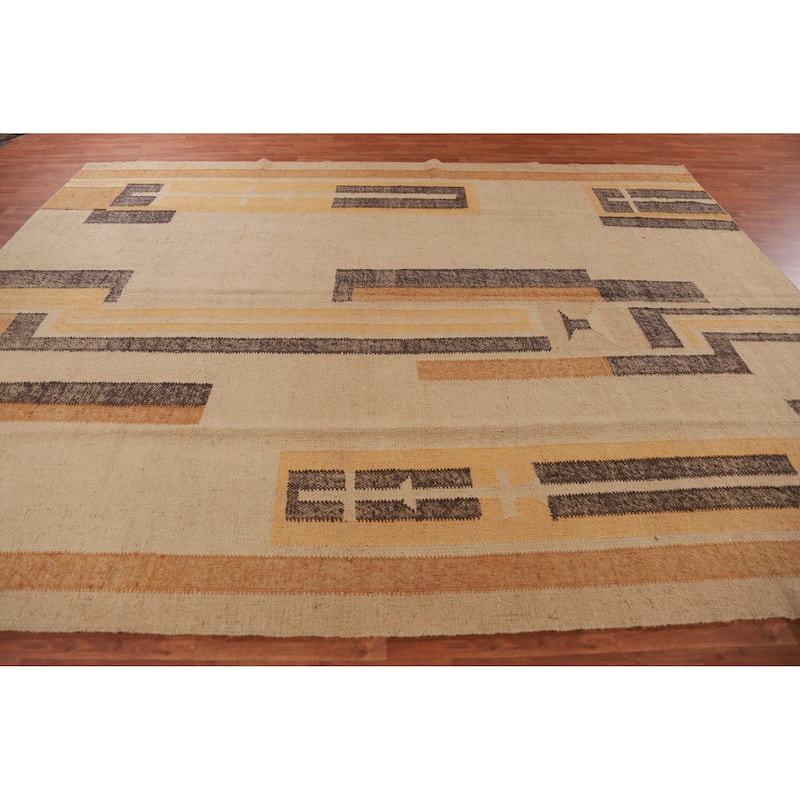 Hand Woven Oriental 100% Jute Carpet Southwestern Modern Beige & Ivories Kilim Area Rug - 12' 1'' X 9' 5''