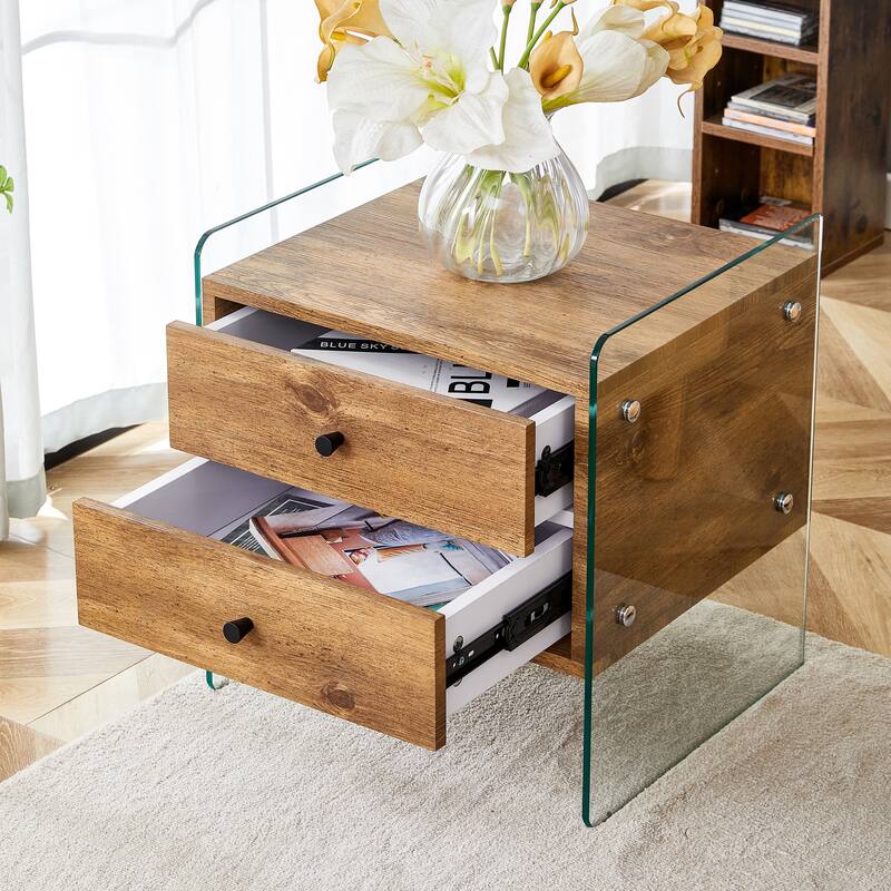 17.7" Modern Square Coffee Table with 2 Drawers and Tempered Glass Legs for Living Room