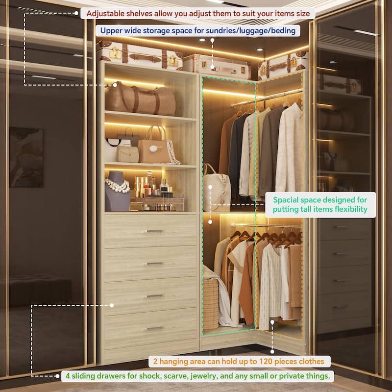 Cimly Set of 2 Corner Closet Organizer, Freestanding Closet System with Wooden Drawers