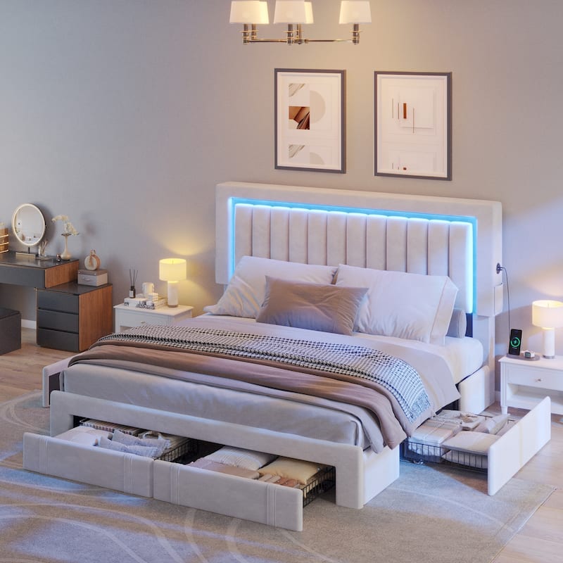 Velvet Upholstered Platform Bed Frame with Adjustable Headboard and 4 Storage Drawers & RGB LED Lights