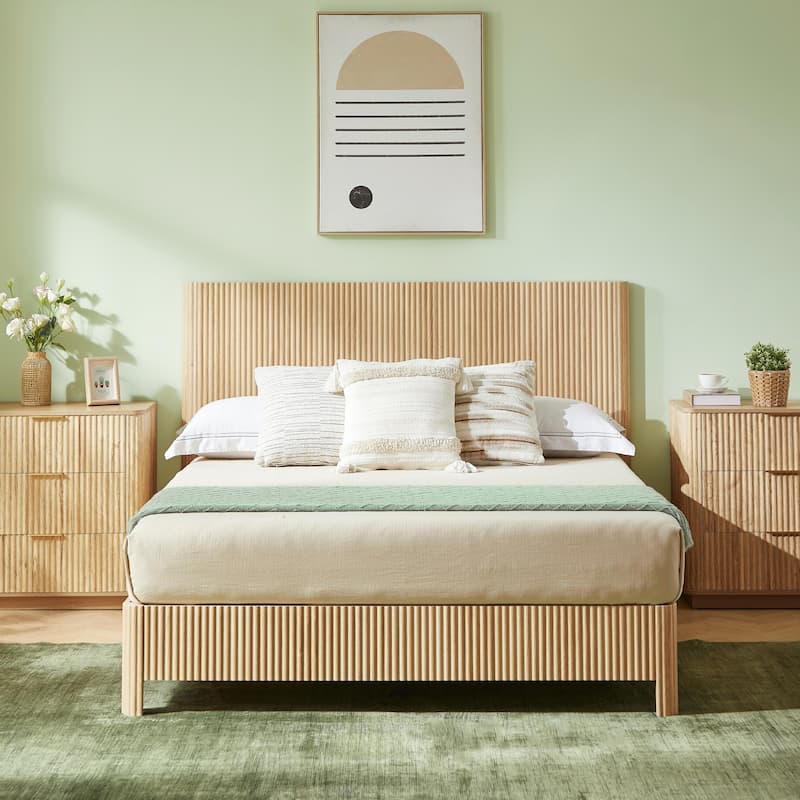 Queen Size Wooden Bed Frame with Corrugated Curved Lines - No Box Spring Needed - Oak