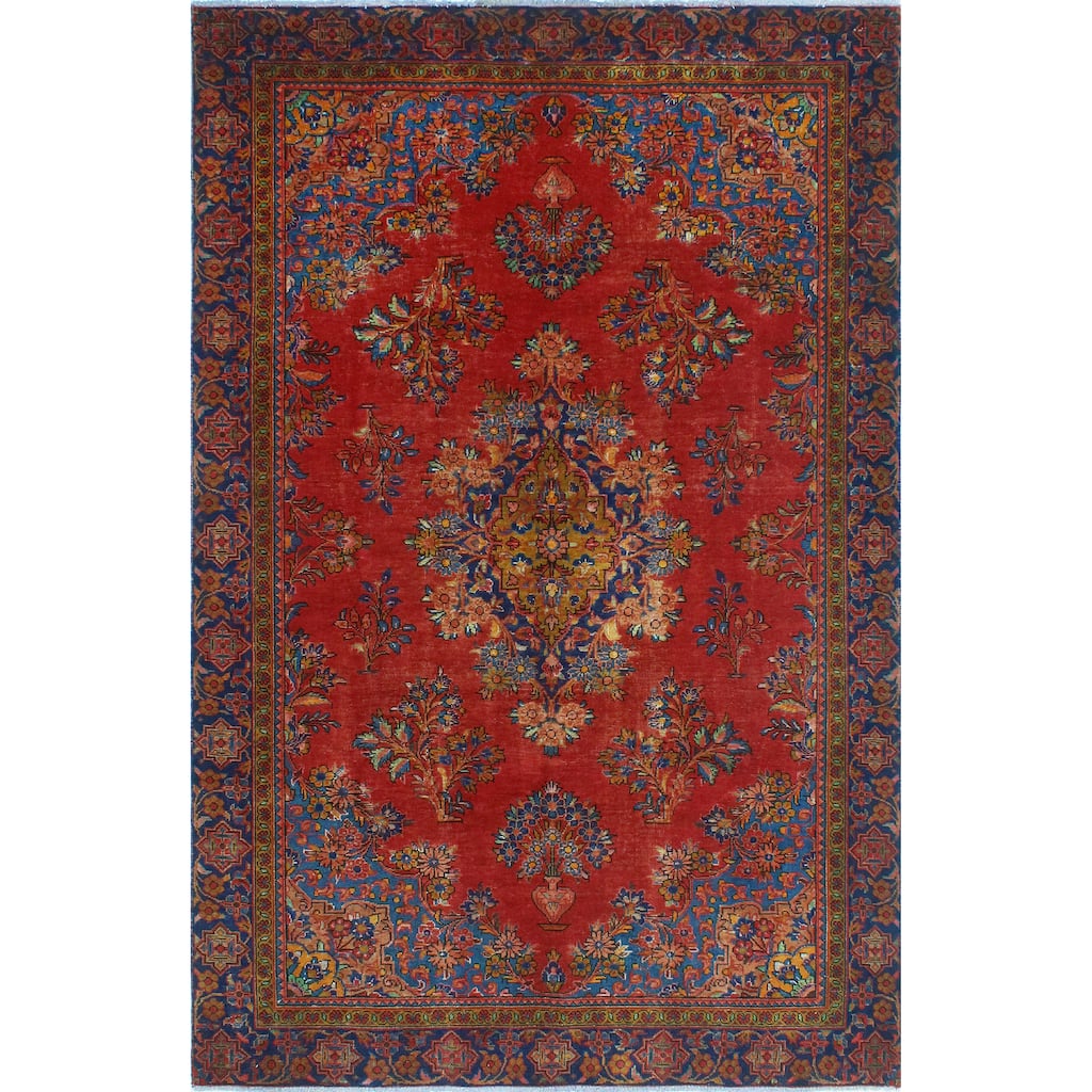 Fine Vintage Distressed Jerome Red/Navy Rug - 6'3" x 9'8"