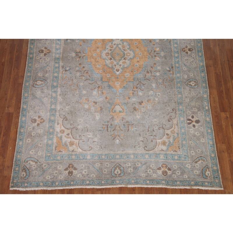 Hand Knotted Oriental 100% Wool Carpet Traditional Medallion Greys & Charcoal Tabriz Area Rug - 9' 9'' X 6' 7''