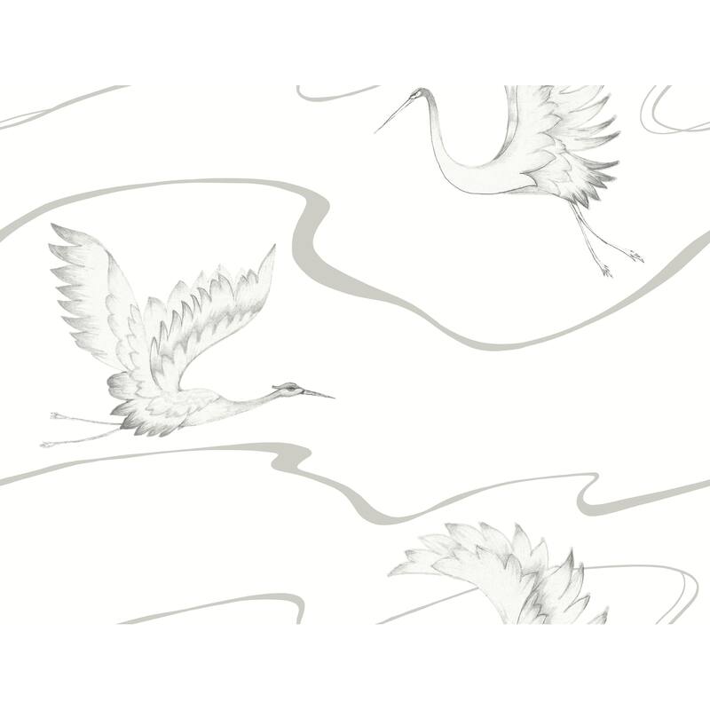 Metz Vinyl Soaring Cranes Wallpaper 27 in x 27 ft = 60.75 sq ft - White/Silver