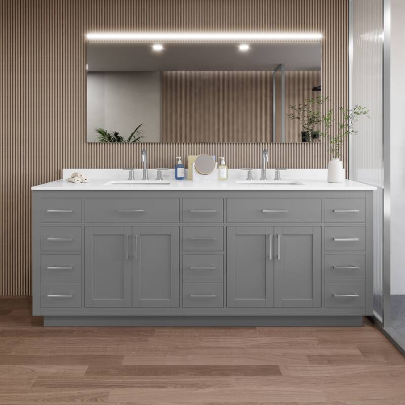 Wyndham Collection WCG262684D-QTZ-US3MXX Beckett TK 84" Free Standing - Dark Gray / White Quartz Top / Brushed Nickel