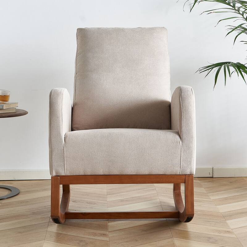 Glider Rocking Chair with Thick Padded Seat, Lounge Armchair with Side Pocket, High Back Sofa Chair with Wood Base