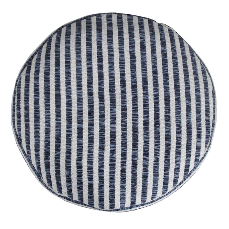 18" Blue and White Striped Round Pouf Ottoman