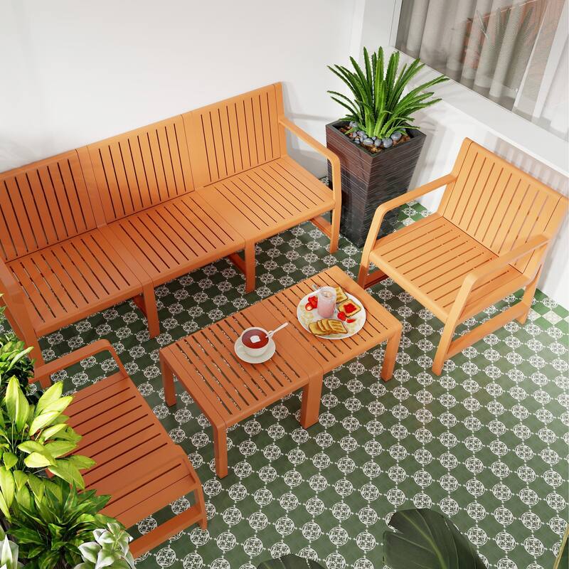 Space-Saving Patio Furniture Set with UV-Resistant Fabric - Brown - 3-Seater Sofa + 2 Chairs + 2 Tables
