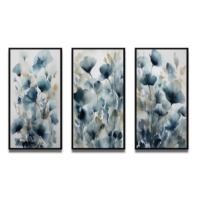 Designart "Blue Leaf Foliage And Flowers III" Floral Leaves Framed Wall Art Set Of 3 For Home Decor