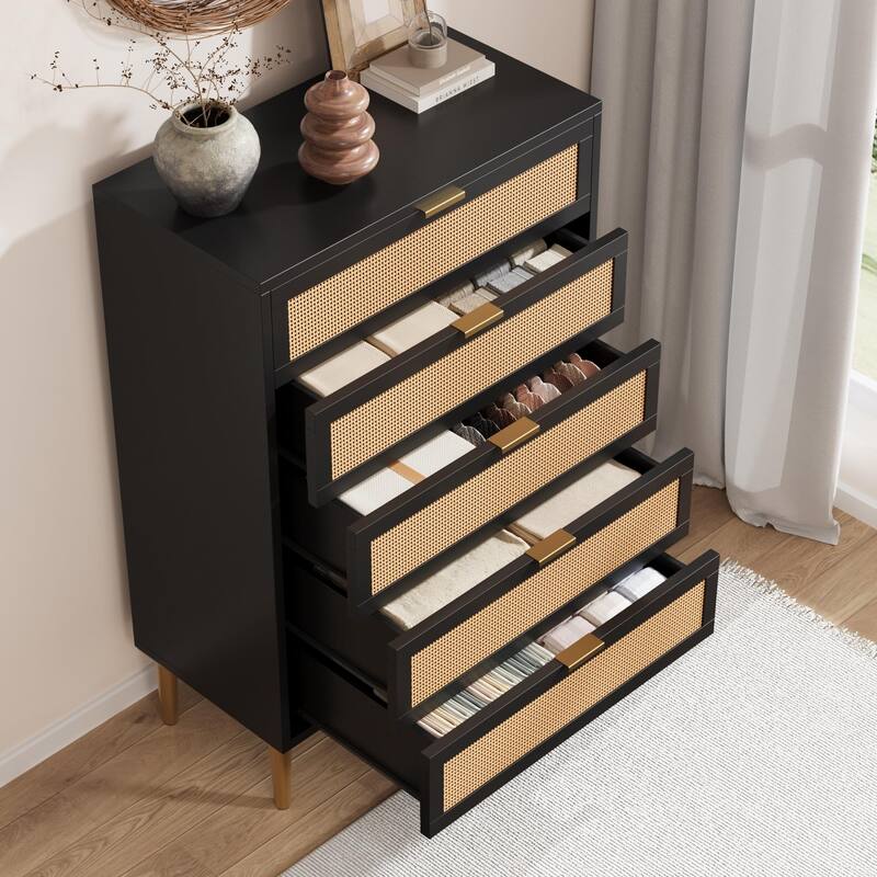 Rattan 5 Drawer Dresser, 44'' Tall Narrow Chest, Farmhouse Vertical Dresser with Metal Legs and Handles