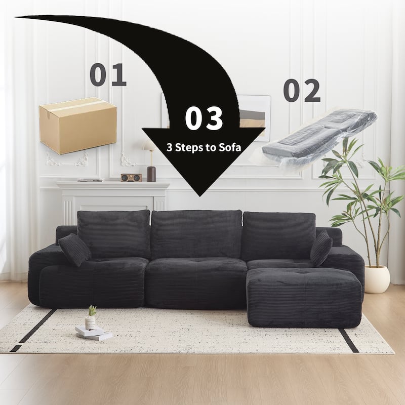 Ergonomic Deep Seat L-shaped Sectional Sofa with Chaise, Pet-Friendly Corduroy Modular Memory Foam Compressed Couch with Ottoman