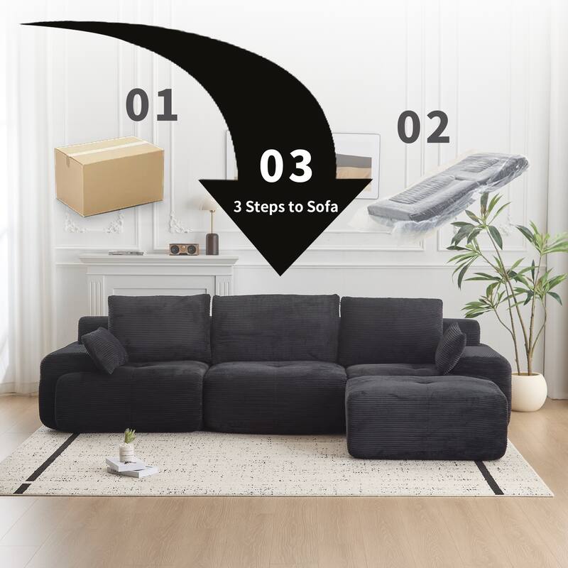 L Shaped Modular Sectional Sofa with Ottoman, Corduroy Upholstered Cloud Sofa, Compressed Sofa with Cushions & Throw Pillows