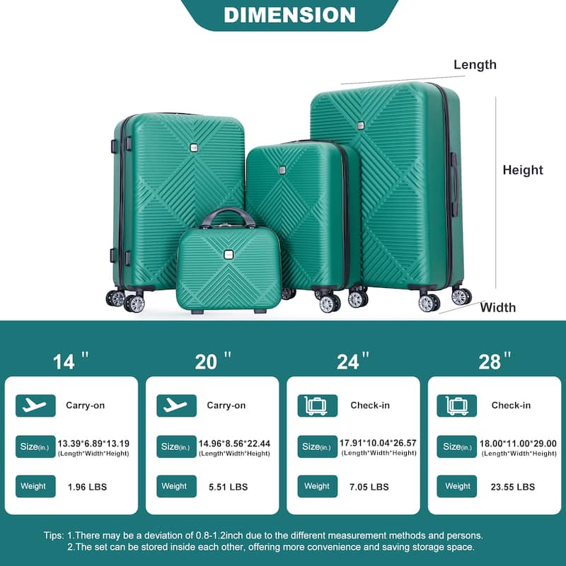 4-Piece, Luggage Sets, Lightweight Luggage with 360 ° Aircraft Wheels and Adjustable Handle, for Boarding Travel, Dark Green