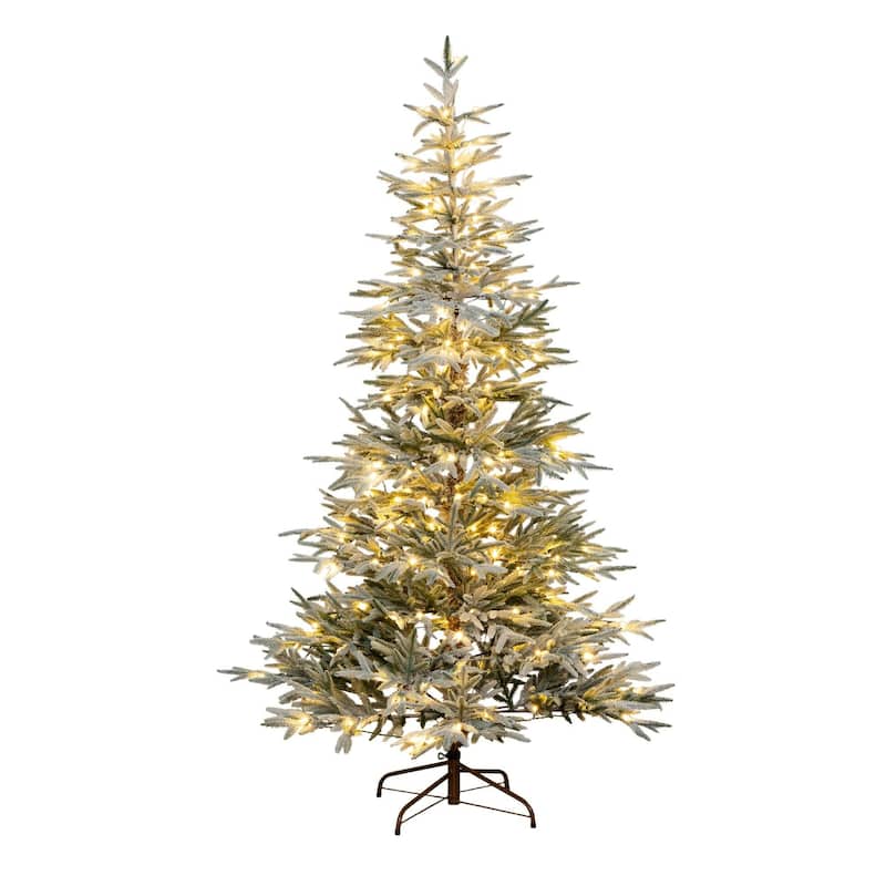 Pre-lit Medium Flocked Woodland Fir Artificial Christmas Tree - 7’ - LED Lights - 7 Foot