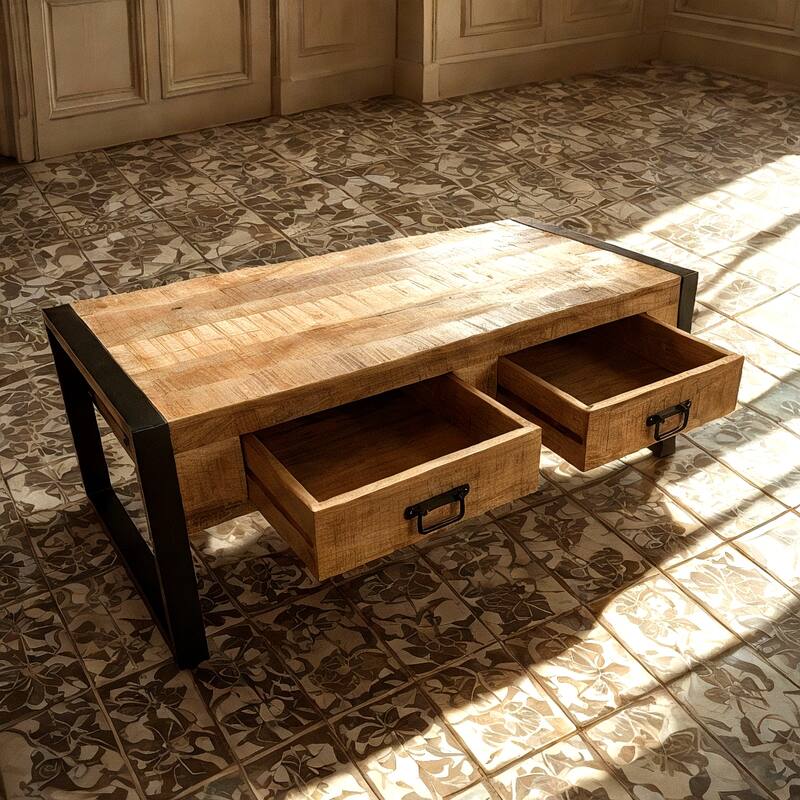48" Mango Wood Coffee Table with Storage Drawers and Black Metal Frame