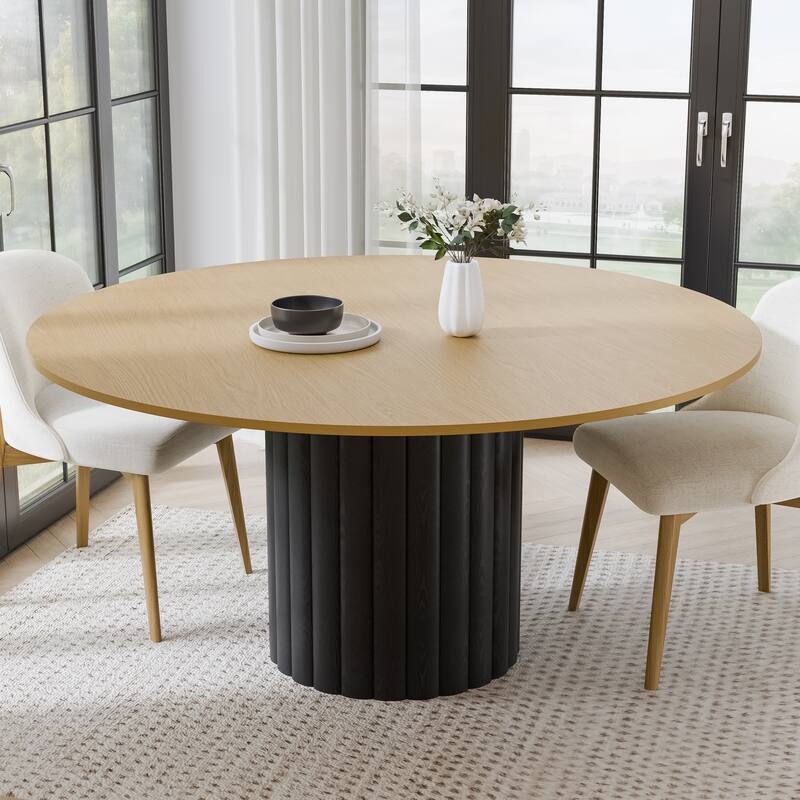 Solid Wood Round Dining Table Kitchen Table with Tabletop & Textured Cylindrical Base