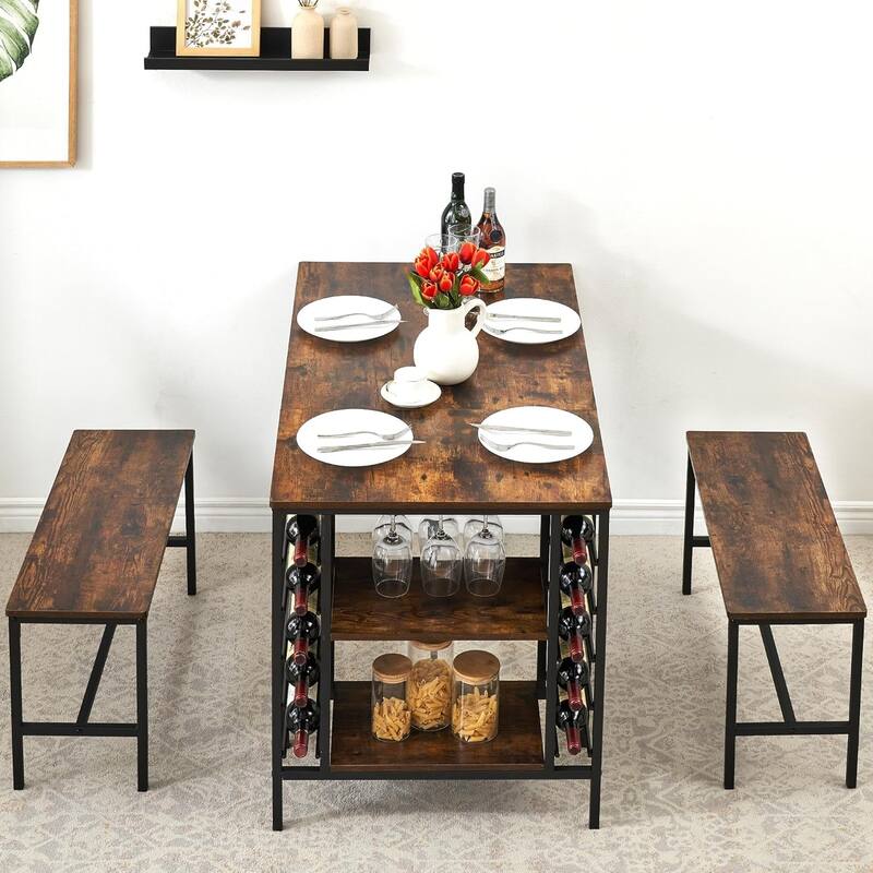 Dining Table Set with 2 Benches and Storage Shelf, Rectangular Table for Small Dining Area or Apartment