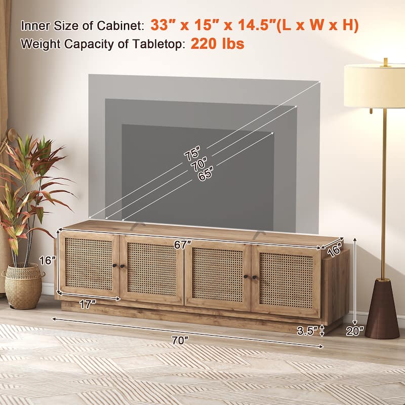 Gymax 4-Door PE Rattan Media Console Table Farmhouse TV Stand for TVs