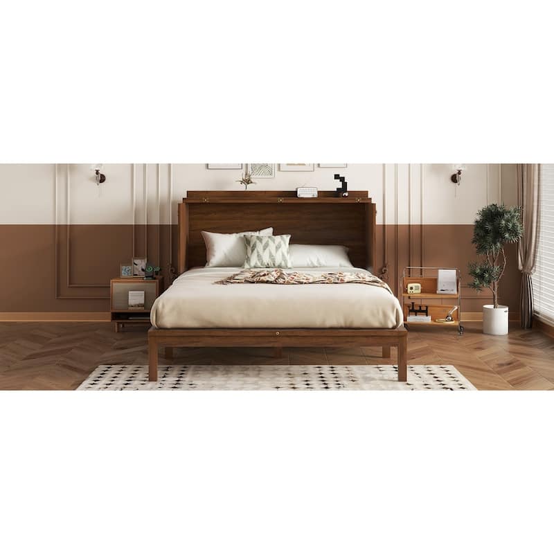 Roomfitters Queen Murphy Bed Cabinet, Pine Wood Fold-Down Bed with Power Station and Rattan Accent Panel