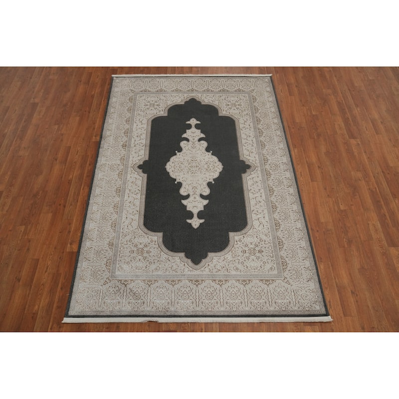 Machine Made Oriental Polyester Carpet Traditional Medallion Greys & Charcoal Tabriz Area Rug - 7' 5'' X 5' 2''