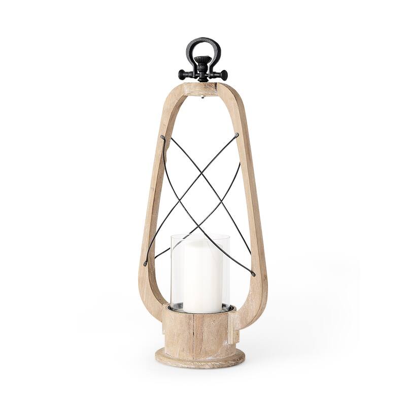 Zain I Small Light Brown Wood & Metal Vintage Inspired Candle Holder Lantern - Large