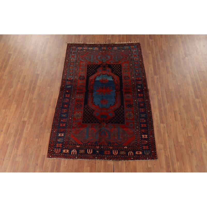 Orange & Blue Kazak Vegetable Dye Vintage Rug Hand-Knotted Wool Carpet - 5'4" x 8'1"