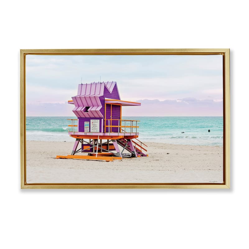 Stupell Purple Lifeguard Building Framed Floater Canvas Wall Art Design By Seven Trees Design - 31 x 21 - Gold