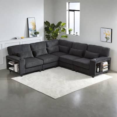 102.75" Corduroy L-Shaped Modular Sectional Sofa with Storage and Cup Holder