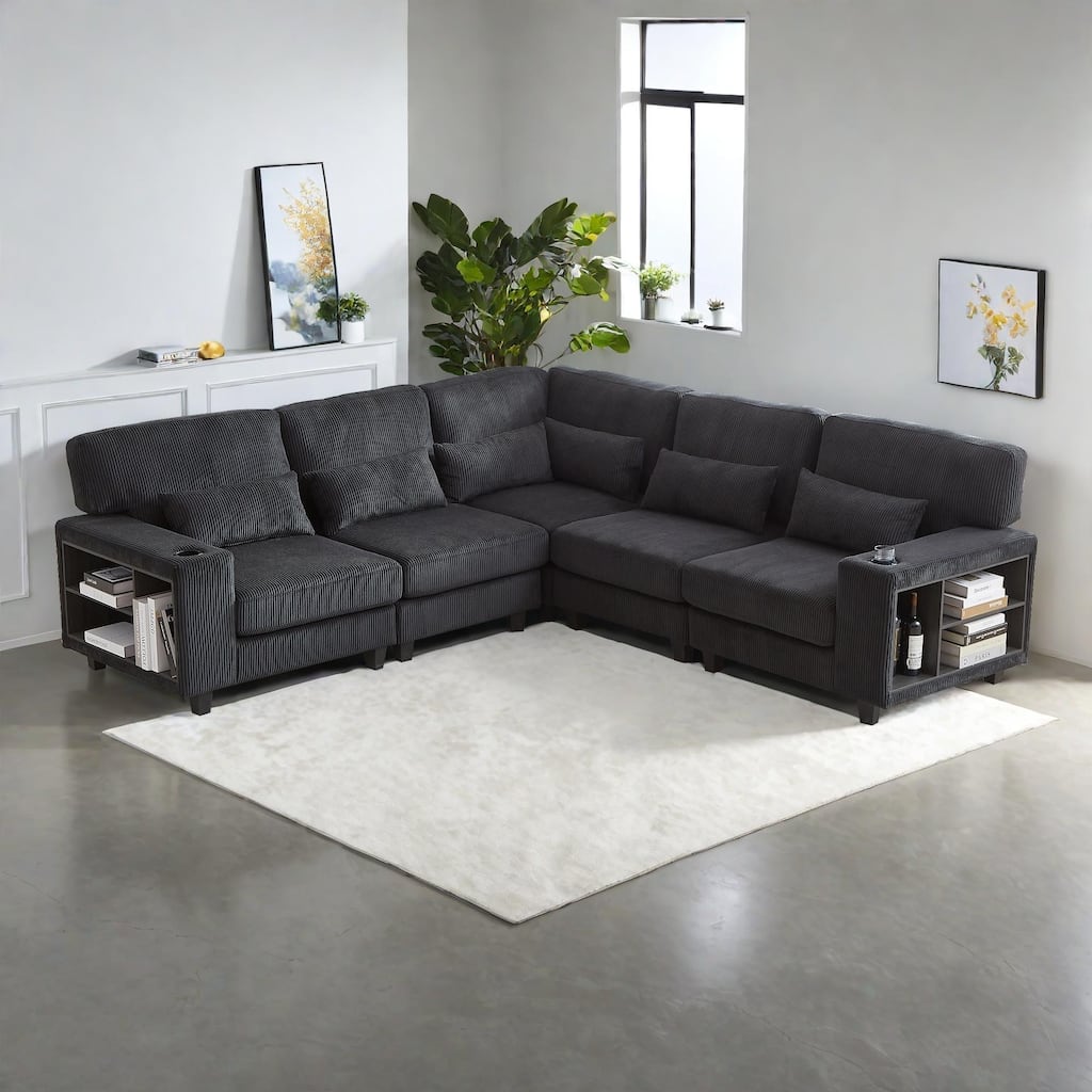 102.75" Corduroy L-Shaped Modular Sectional Sofa with Storage and Cup Holder