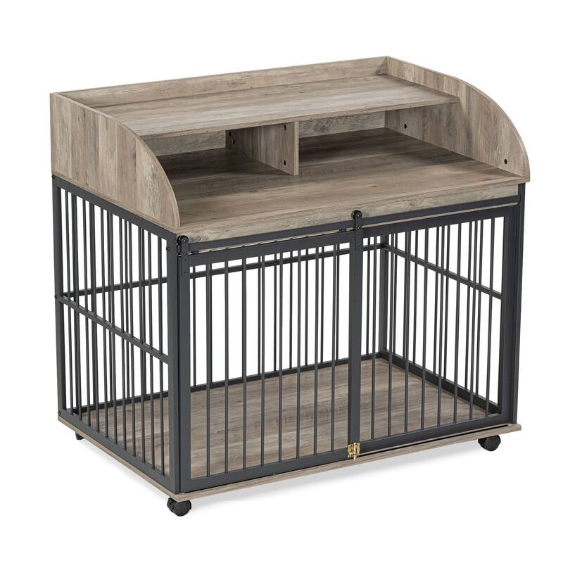 44" Heavy Duty Dog Crate Furniture with Lockable Wheels, Storage & Sliding Door for Medium to Large Dogs