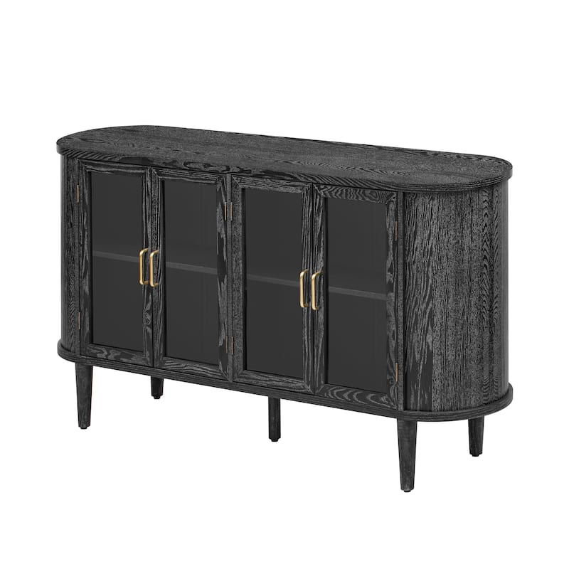 Anmytek Curved Glass Door Sideboard with Gold Handles Dark Wood Farmhouse Buffet Console
