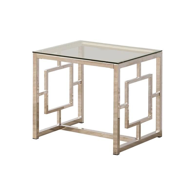 Tempered Glass Top End Table with Lattice Cut Out Panels, Silver and Clear