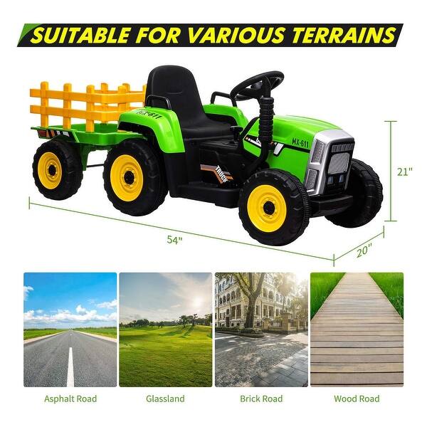 dimension image slide 2 of 3, 12V Kids Ride on Tractor，Battery Powered Electric Tractor with Trailer