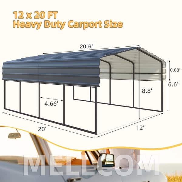 dimension image slide 11 of 12, Heavy-Duty Metal Carport with Upgraded Galvanized Steel Roof – Ideal Shelter for Cars, Boats, and Tractors