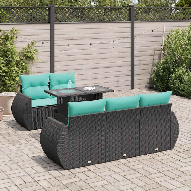 vidaXL 6 Piece Patio Sofa Set with Cushions Black Poly Rattan Acacia - 21.7 x 24.4 x 27.2