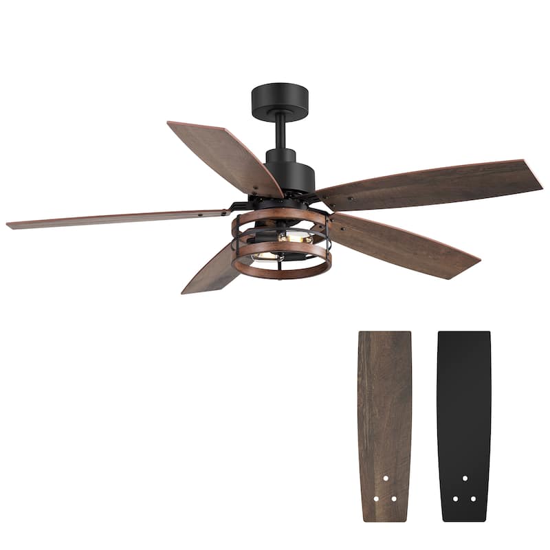 52" Farmhouse 5-Blade Black Caged Ceiling Fan with Light and Remote