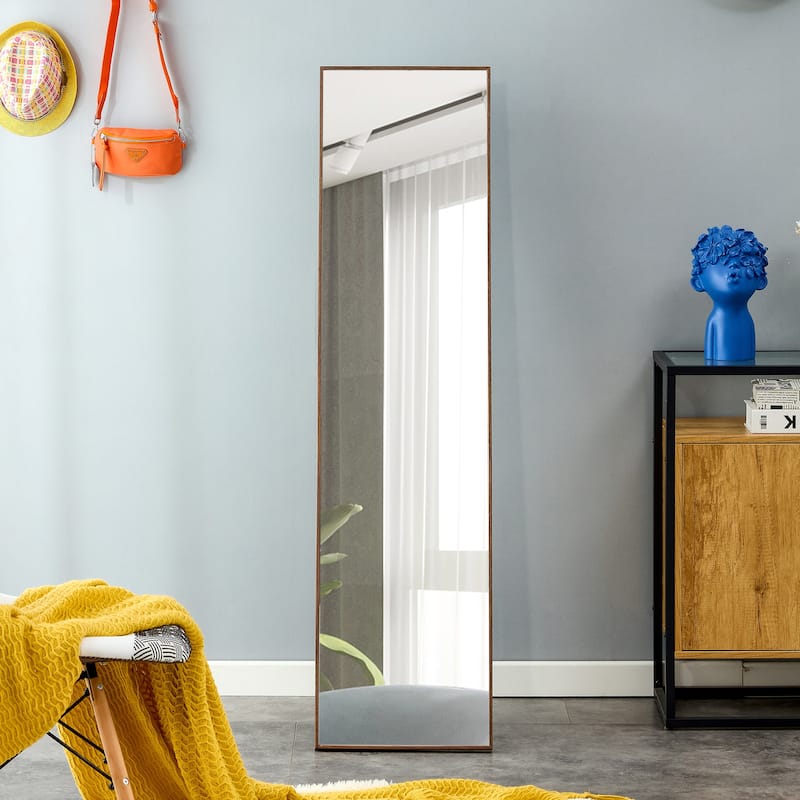 Roomfitters Full Body Mirror with Brown Solid Wood Frame, Floor Standing Decorative Mirror for Dressing Room